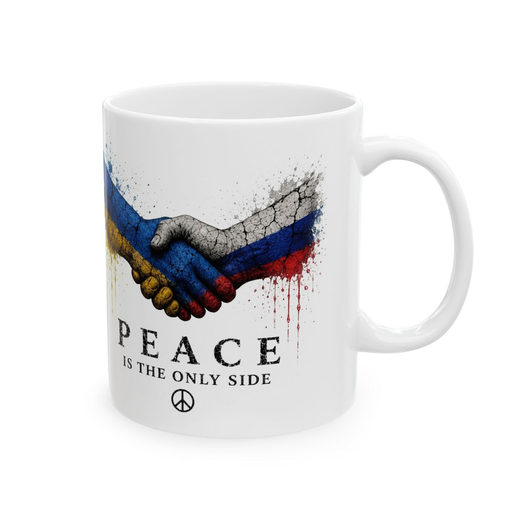Peace Handshake Mug — Russia & Ukraine Flags, "Peace Is The Only Side" Ceramic Coffee Cup