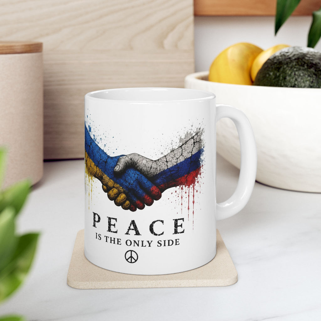 Peace Handshake Mug — Russia & Ukraine Flags, "Peace Is The Only Side" Ceramic Coffee Cup