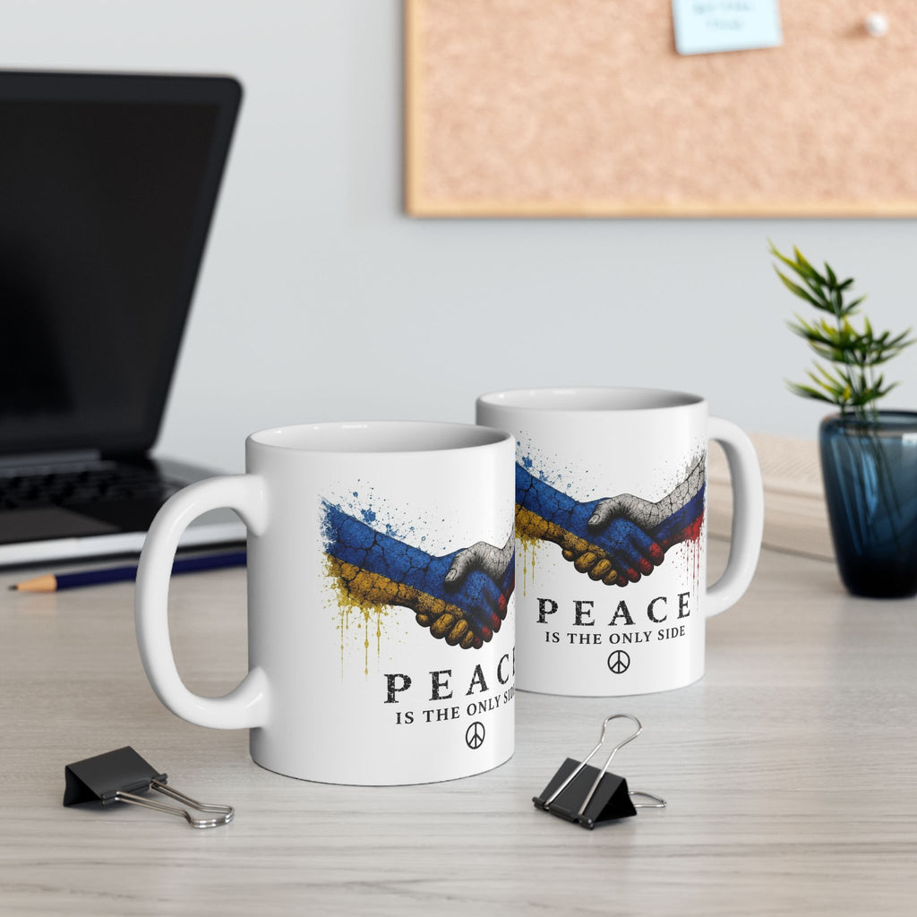 Peace Handshake Mug — Russia & Ukraine Flags, "Peace Is The Only Side" Ceramic Coffee Cup